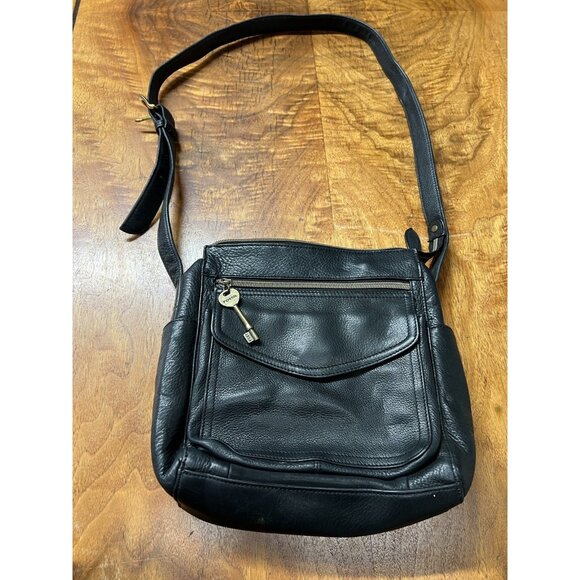 Vtg Fossil 1954 75082 Black Genuine Leather Adjustable Shoulder Bag Purse Charm - Picture 4 of 10